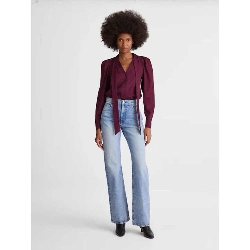 Madewell V-Neck Button-Front Top puff long sleeve burgundy Women’s Size XXS NWT